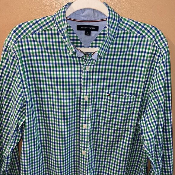 Tommy Hilfiger Men’s M Summer check blue green and white button down shirt - Picture 11 of 16